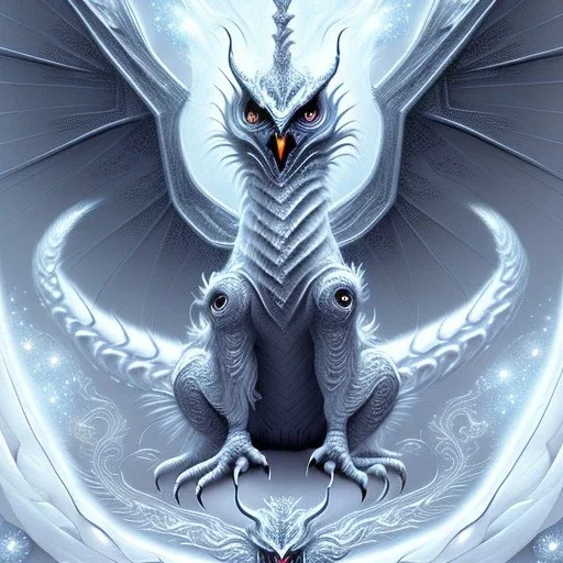 a detailed illustration of a white dragon with owl-like head, a white dragon with white owl head, realistic, detailed, dragon with fairy-like transparent glowing and sparkly wings standing in snow, silver lightning to the edges of the wings, glowing soft and smooth wings, fantasy art, highly detailed, intricate patterns on wings, shiny snowy background, soft studio lighting, foggy shiny smooth background, unreal engine, 64k