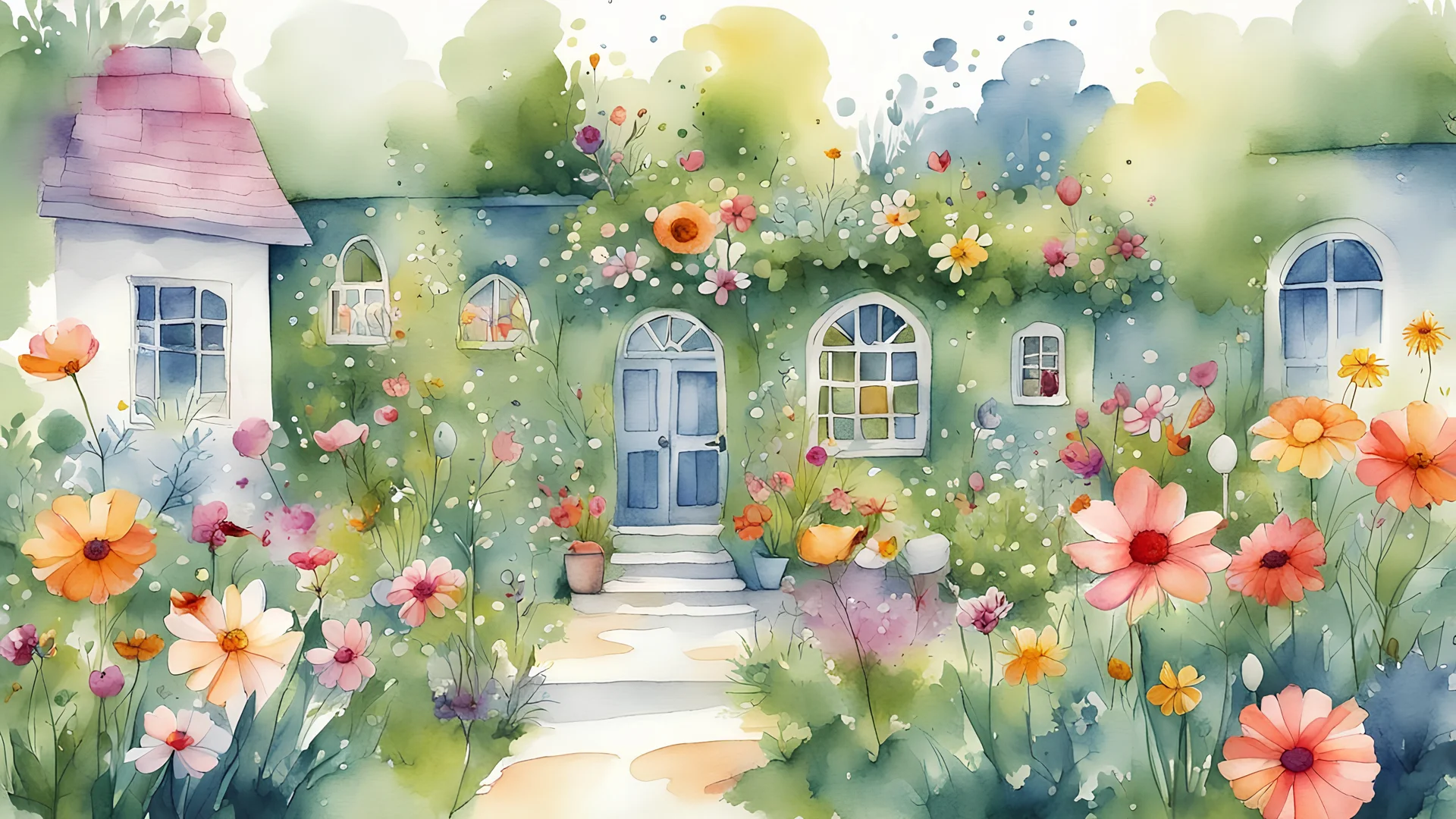 Create a charming and whimsical urban garden's illustration in a watercolour style featuring a lively garden with flowers. The scene should evoke a sense of magic and playfulness, making it an enchanting visual for young readers. Emphasize vibrant colors, friendly expressions on the flower faces, and an overall delightful atmosphere. Let the illustration capture the imagination, making it a perfect addition to a children's book or any playful setting.