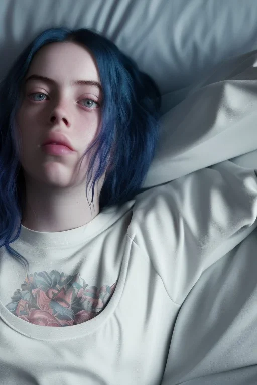 Billie Eilish, on the bed, in my underwear, pale skin, high detail, realistic, 8k, not to be distinguished from a photo