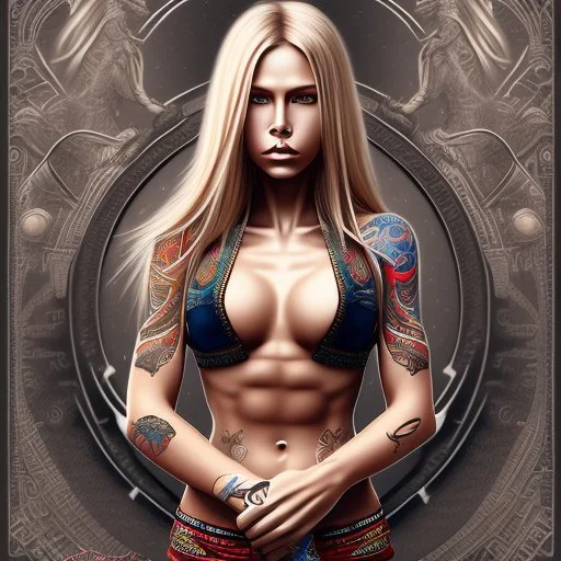 Very muscular woman with long blonde hair and tribal tattoos wearing a band teeshirt