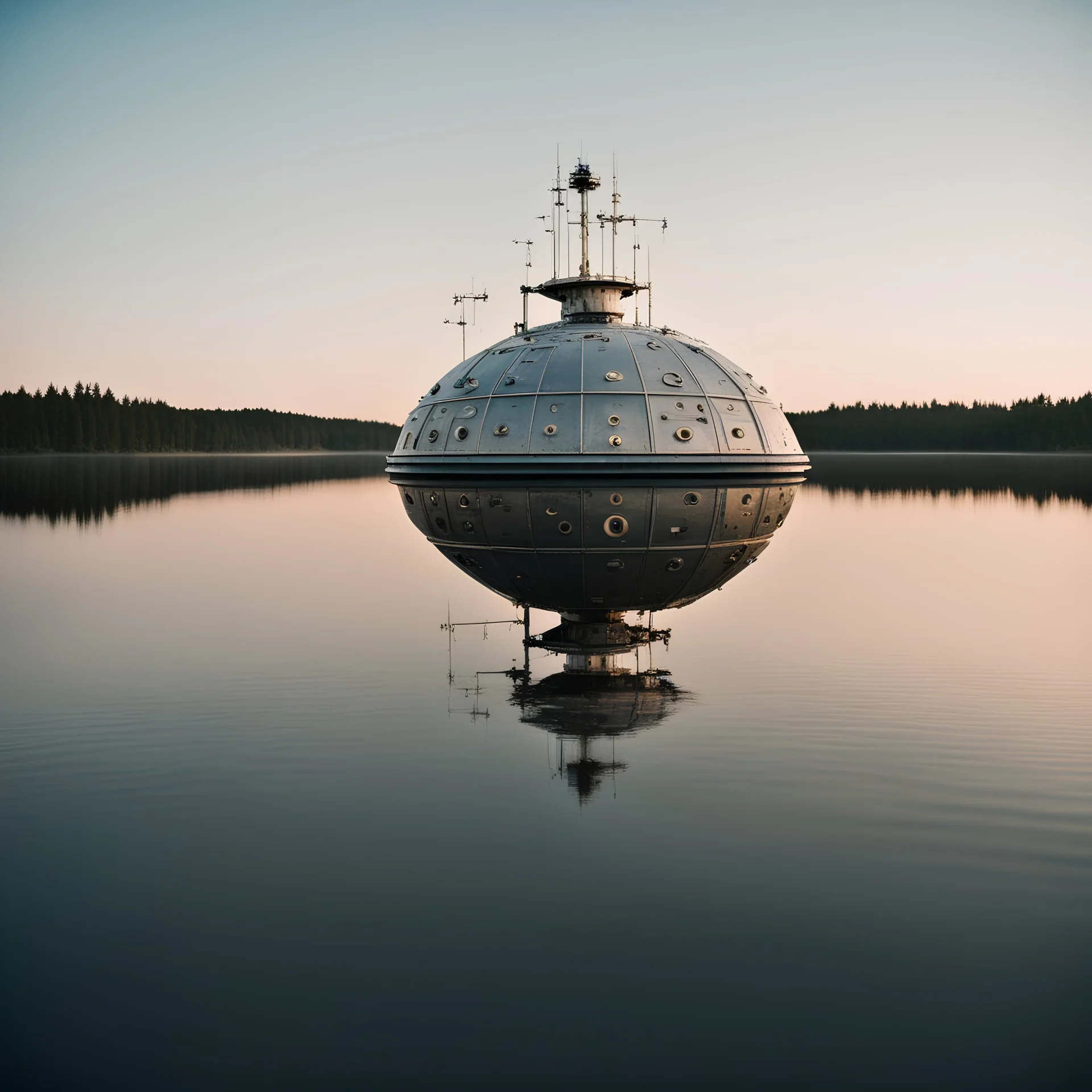 one large intricate space craft , hatches and antennas and soda lights , portholes , on a wide lake on a summers evening, Sweden , luminescent ,35 mm focal length