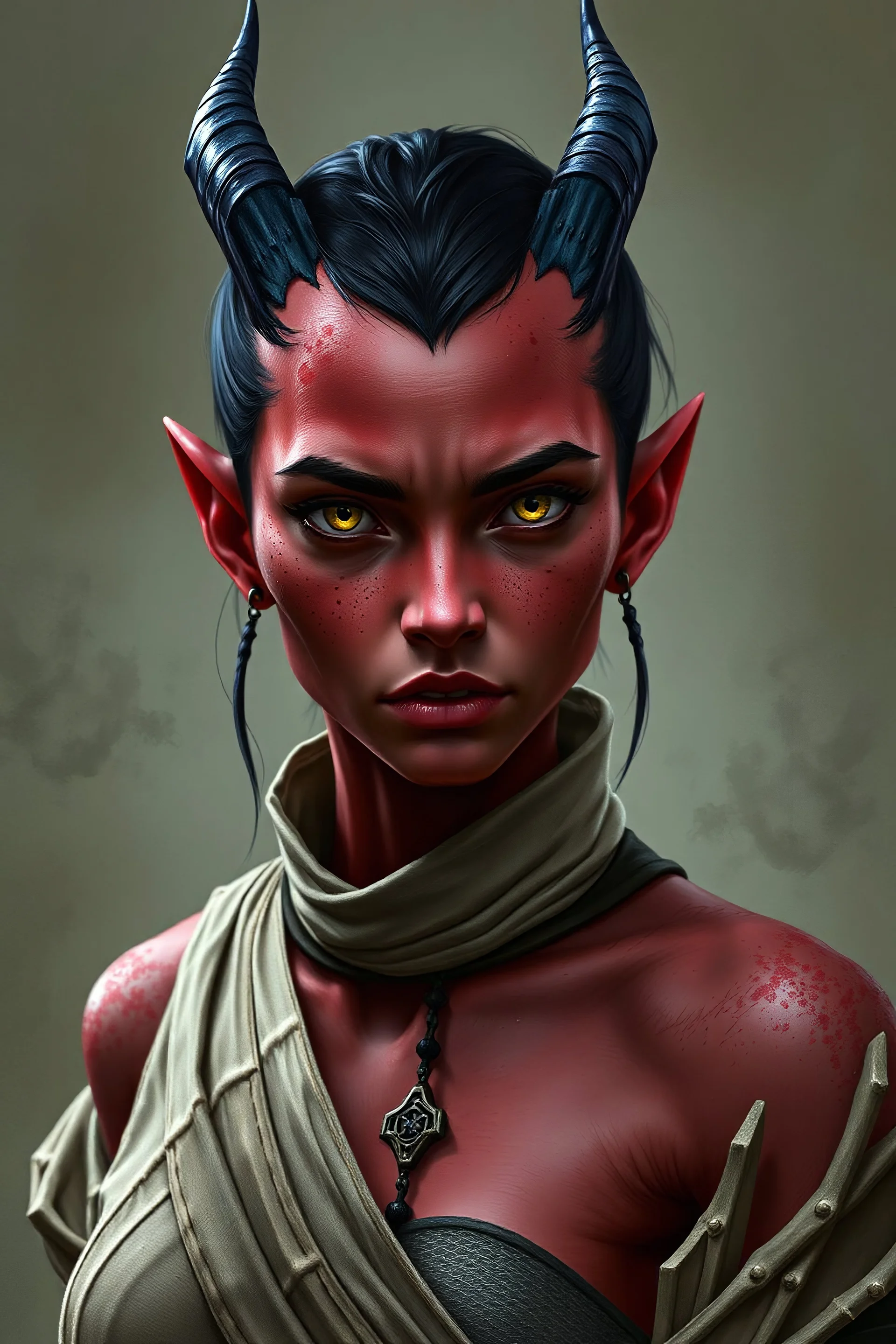 Female red tiefling monk with short black hair and tiny black horns wider in the base, pale yellow eyes and freckles. She has sharp orc fangs in the inferior part of the jaw. She wears bandages in the chest