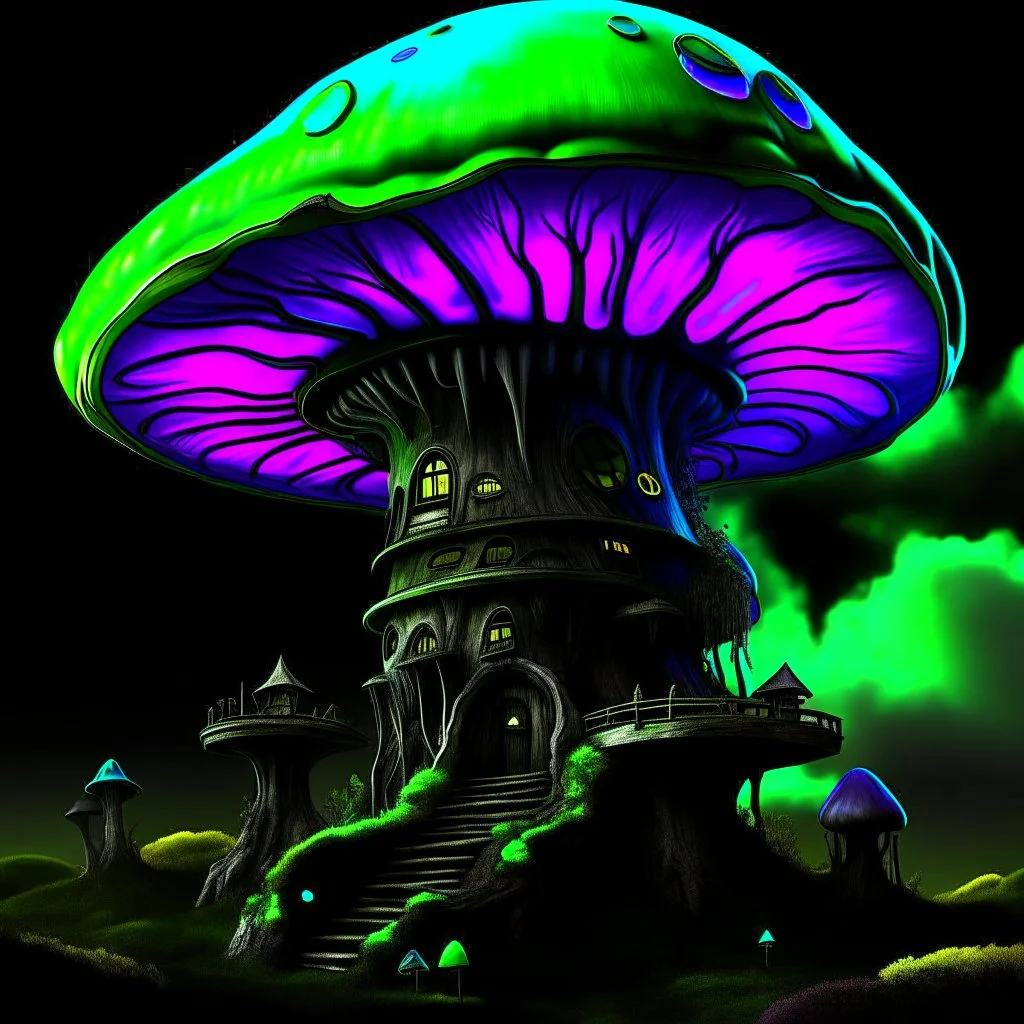 A fantabulous black, lime, and cyan (((mushroom tower house))) erected atop a (geologic pillar), surrounded by the uncanny imaginative ((( swirling skies))), offset by the stark hues of a (neon-tinged nebulous space scape), within. captured by the hand a skilled master painter with a focus on (softly blurred compositions and voluminous lighting).