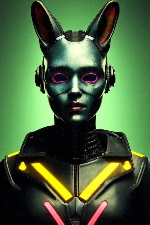 Medium Close Up Portrait, Front image. cyberpunk, rabbit mask, teenager, asian woman, cyber helmet head. Latex dress. Yellow, black, color. Mad max style. LEDs ornaments, Color background, photo studio. Front image, highly detailed, concept art, smooth, unreal engine 5, ray tracing, RTX, lumen lighting, ultra detail, volumetric lighting, 3d, finely drawn, high definition, high resolution.