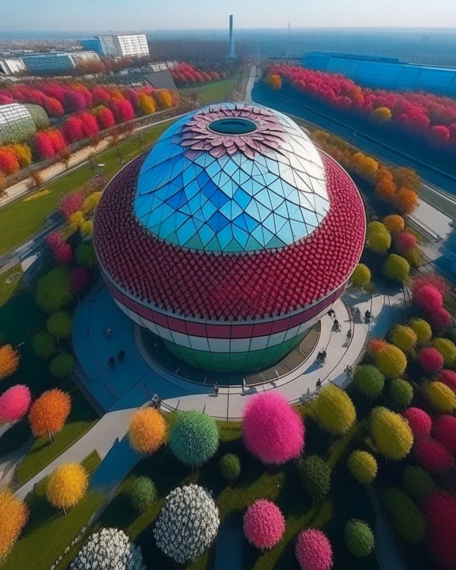 Vista aérea del Centro Cultural en forma de flor, espectacular, impactante, calidad ultra, maximalista, 8k