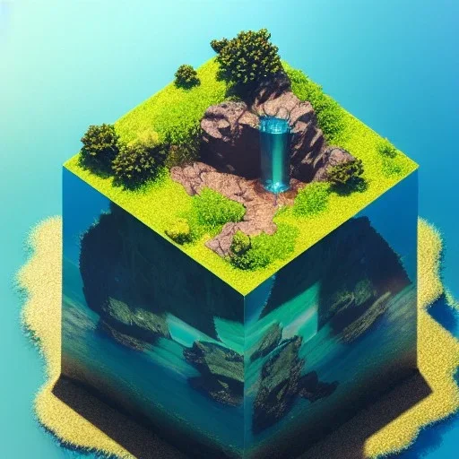 The Isometric Glass Tall Box Mini Model Little Real Island Mixed Water Fall Under Ocean Sunshine Summer Background Blue Sea, The Last Of Us / Avatar, Octane Render / ZBrush, Cinematic, IMAX Film, Nikon D750, 16K, Autostereoscopy, Anthropomorphic, Golden Ratio, Geometry, Symmetric, Depth Of Field, Highly Detailed, Ultra Realistic, Beautiful Lighting, Halfrear Lighting, Soft Light, Candoluminescence, Cast Shadow, Reflective, Glow, Translucent, Normal Map, Carbonated --testp