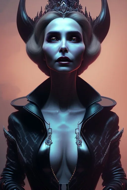 Constance Langdon as evil queen in black leather, leather, busty, cleavage, angry, stern look. character design by cory loftis, fenghua zhong, ryohei hase, ismail inceoglu and ruan jia. unreal engine 5, artistic lighting, highly detailed, photorealistic, fantasy