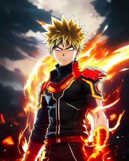 Detailed anime portrait of bakugo from my hero academia, gold hair and golden eyes, black suit, intricate details, full body portrait, keep head in frame, slight smile, black Japanese motif, concept art, highly detailed, digital painting, concept art, sharp focus, illustration, art by Yoji Shinkawa, WLOP and greg rutkowski and alphonse mucha and artgerm and yanjun Chen and Junji ito and Makoto Shinkai, HDR, octane render