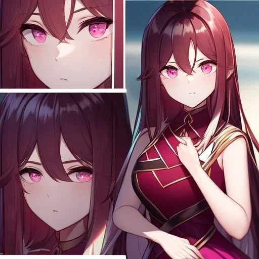 Clear focus,8k,Beatiful Lighting,Beatiful Blur,Beatiful Face,Beatiful Shading,Crimson long hair,silky hair, long silky bangs, pink eyes, wearing a detailed outfit outfit,must wear a short black skirt, Hair in eyes, lot of hair,One arm is sleeveless,Extreme Close Up