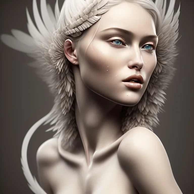 A beautiful portrait of a NUDE woman BLONDE color scheme, high key lighting, volumetric light high details with white stripes and feathers and celtic paterns