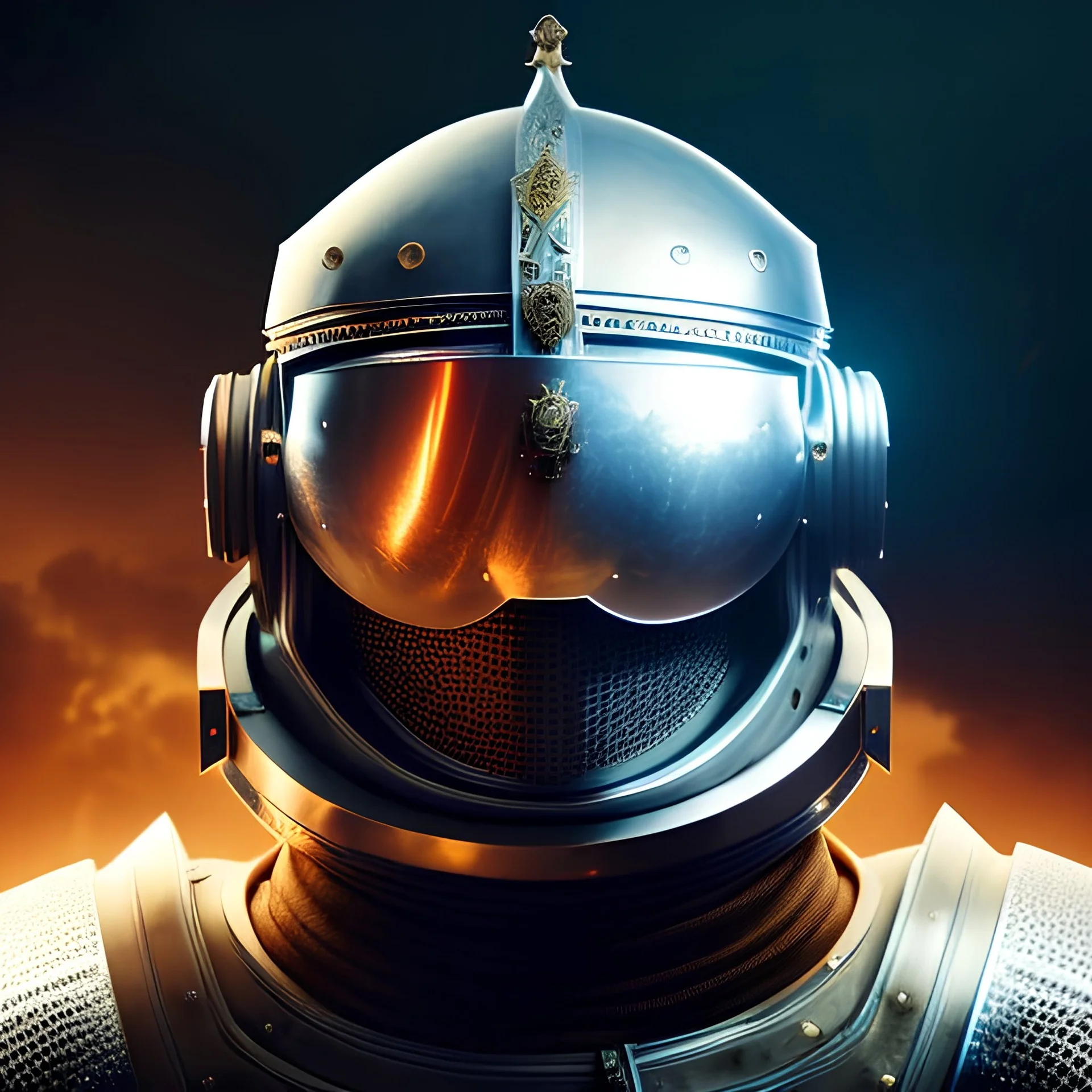 medieval knight in space, accurate armor, helmet on, extremely detailed, detailed 3d digital portrait, void of space, starless space, black background, back facing the wall