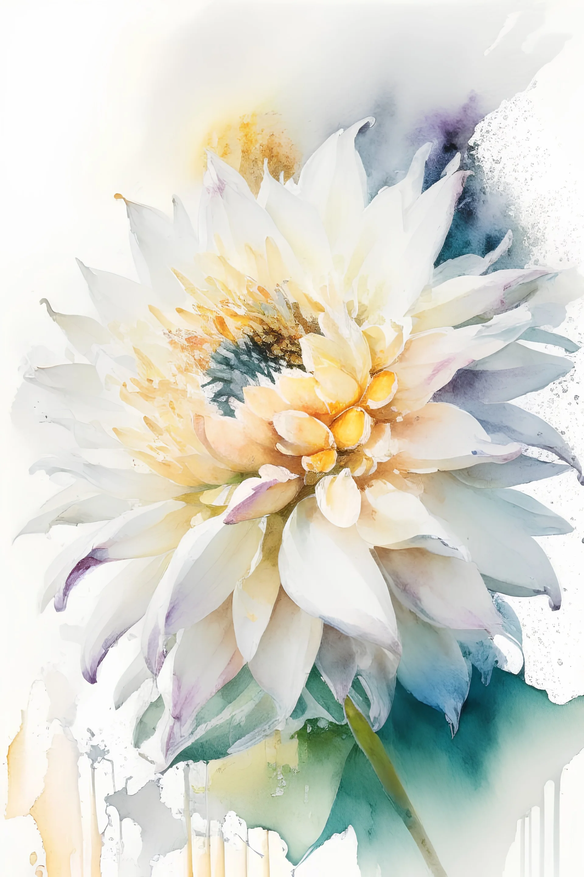 watercolor painting of a white dahlia, with a splash of mixed colors, sharp detail