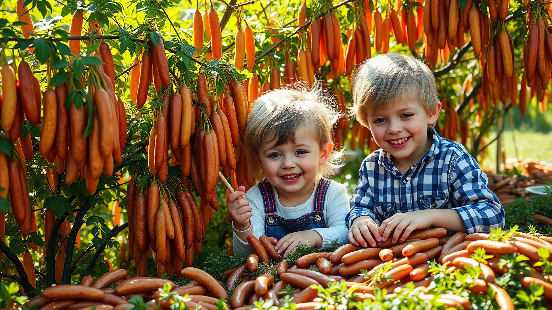 Young children harvesting cooked sausages from sausage bushes, bushes are laden with all kinds of cooked sausages hanging from the branches, happy, delighted, piles of cooked sausages, sunshine, octane render, 16k post-production, artstation: award-winning: atmospheric: commanding: clarity: ultra quality: striking: brilliance: stunning colors: amazing depth; lens: f/16, 28mm