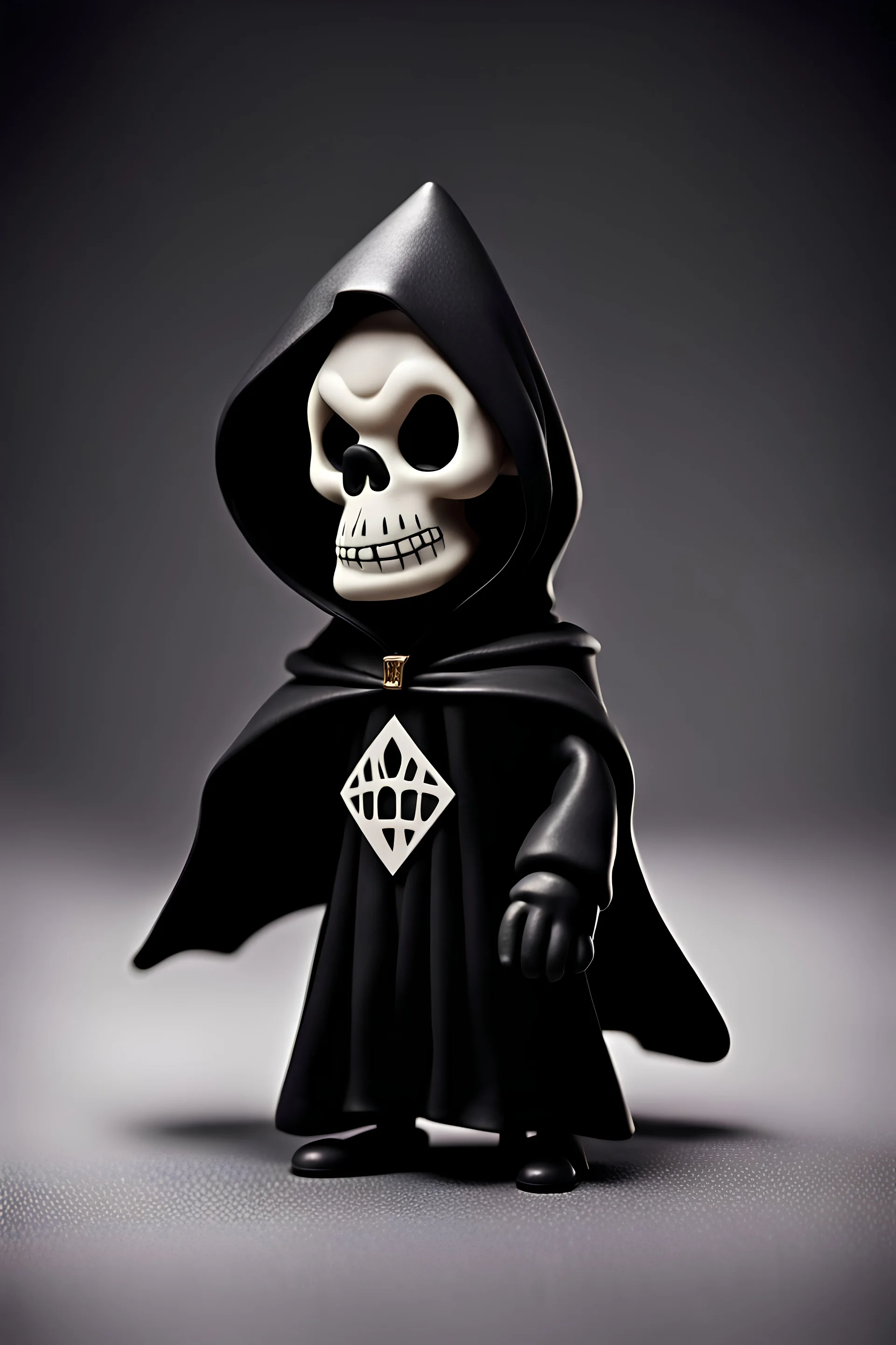 1950s goofy vinyl toy of a skull face character wearing a black hooded cloak, drawn in a early animation rubber hose animation style, inside a lighter diamond shape on a black background, monochromatic