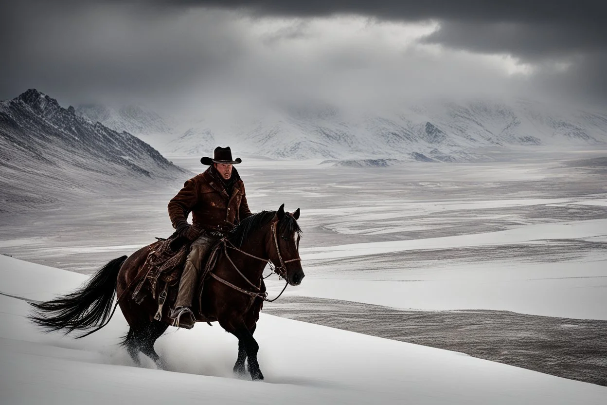 A cowboy traverses a vast expanse of icy mountains during a tumultuous winter storm. The biting winds howl fiercely, whipping snowflakes into a frenzy around him. Clad in weathered leather, he presses forward, his determined stride defying the harsh elements. The mountains stand sentinel-like, their peaks obscured by the tempest's fury, creating an otherworldly, desolate landscape. Photo taken by Victoria Will with a Nikon D850 and a telephoto lens. Award Winning Photography style, Natural light