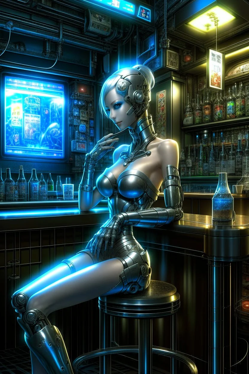 A digital painting by Kuniyoshi and Hajime Sorayama of a beautiful gynoid inside a cyberpunk bar.