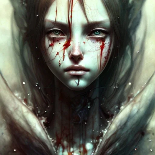 body anormal, cry blood, girl cute, watercolor illustration by <agnes cecile> <John Kenn Mortensen> <Yoji Shinkawa>,