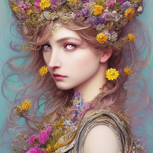 portrait,"Insanely detailed photograph of a beautiful Queen of the light Goddess,gorgeous clean face, highly intricate dress,intricately designed colorful flowers in hair,elegant, highly detailed hair, digital painting, artstation, concept art, smooth, sharp focus, illustration, art by artgerm and greg rutkowski, alphonse mucha,Dan witz, 8 k,looking downward,album cover art,fantasy