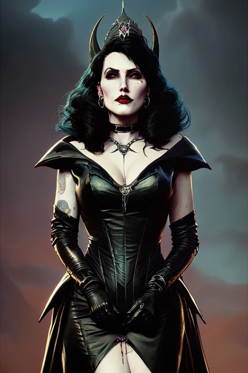 painting of morrigan hel as evil queen in black leather gown, feminie, angry, stern look on her face, emperious, highly detailed, digital painting, artstation, concept art, smooth, sharp focus, illustration, art by gaston bussiere and alphonse mucha