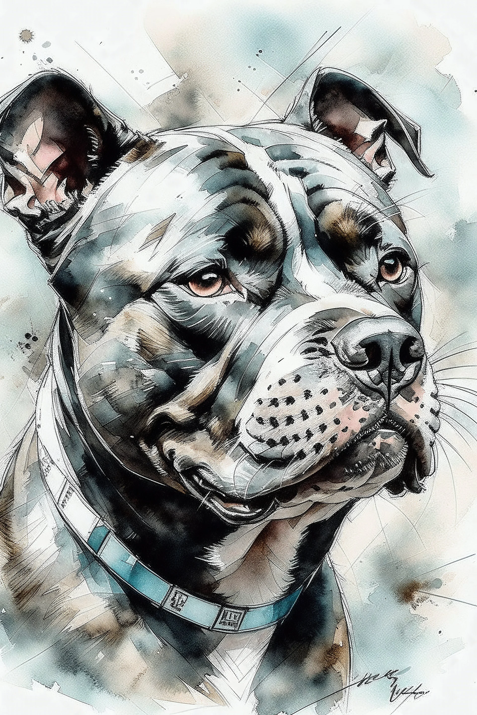 Watercolor Portrait of a happy Staffordshire bull terrier in the style of Yoji Shinkawa, Guy Denning, Florian Nicolle, Willem Haenraets
