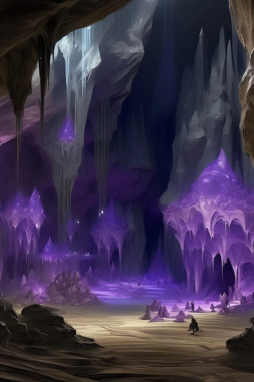 A purple crystal caverns with imps painted by Leonardo da Vinci