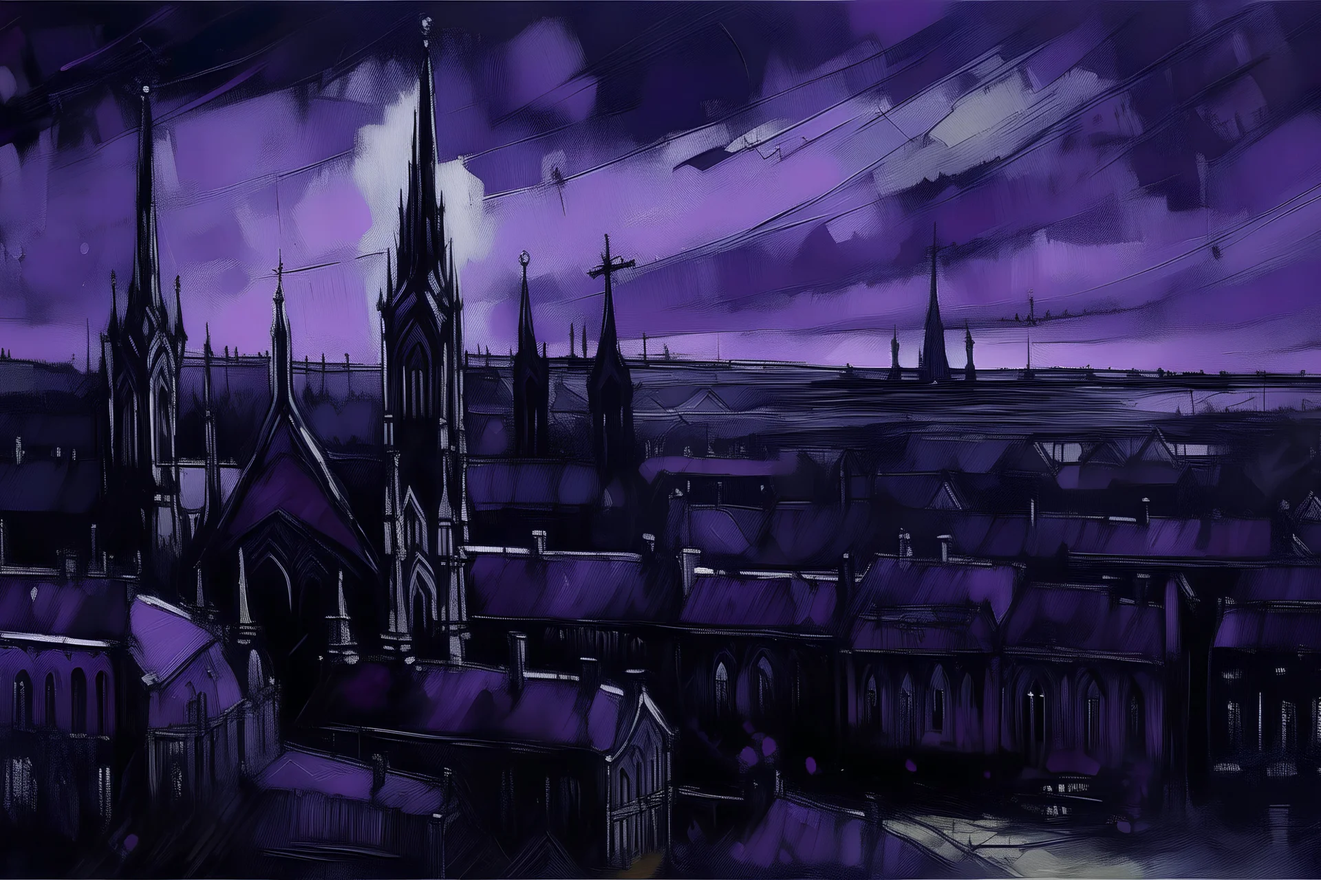 A dark purple city with a church painted by Claude Monet