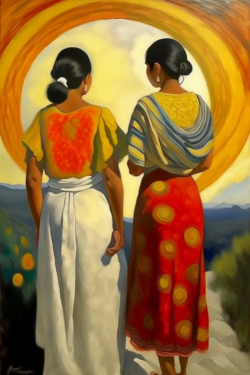 2 mexican woman painting neoclassism standing from the back whole body zoom out looking at the sun