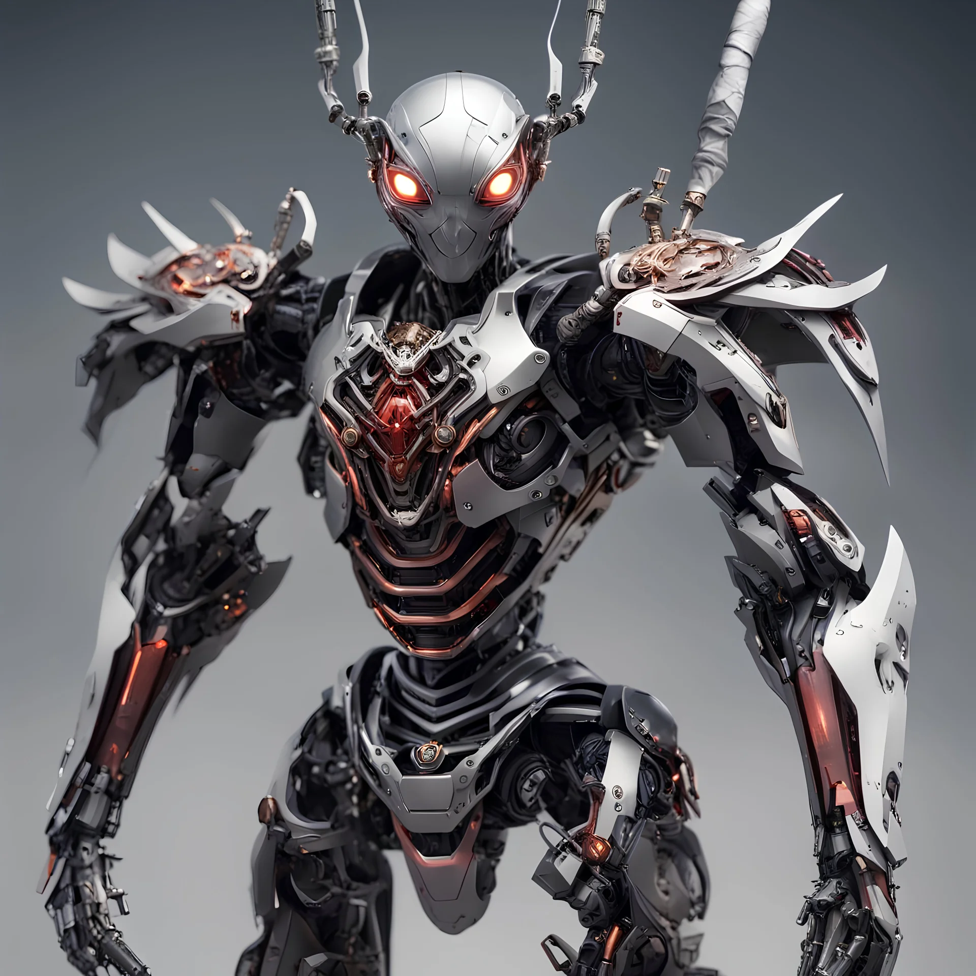 image features a highly detailed and advanced humanoid robot that appears to be inspired by a spiderlike character, given its distinctive cowl and spider-like features. It stands poised with a katana sword, showcasing a fusion of traditional warrior elements with futuristic, mechanized armor. The robot's design includes intricate mechanical parts and a sleek, read and titanium armored exterior, creating a striking contrast with a complex inner machinery.