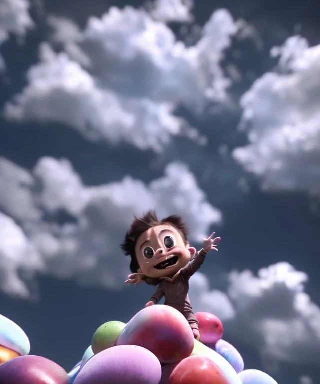 Ultra realistic speed clouds sky scene, wide angle view, childs falling down with many Childs background, rabbit head, inflatable monsters, circus dress style, feather color, free jumping flying, many trinkets, hair monster, many jelly beans, balls, color smoke, smile, happy, extreme, wind, clouds sea, 20,000 feet altitude, stratosphere, soft color, highly detailed, unreal engine 5, ray tracing, RTX, lumen lighting, ultra detail, volumetric lighting, 3d, finely drawn, high definition.