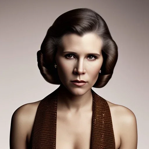 realistic analog style photography by Annie Leibovitz of carrie fisher, soft ethereal skin, symmetrical short hairstyle,studio lighting, sharp brown eyes, dark plain background