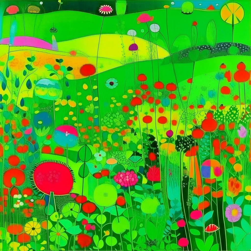 A neon green field with copied flowers painted by Wassily Kandinsky