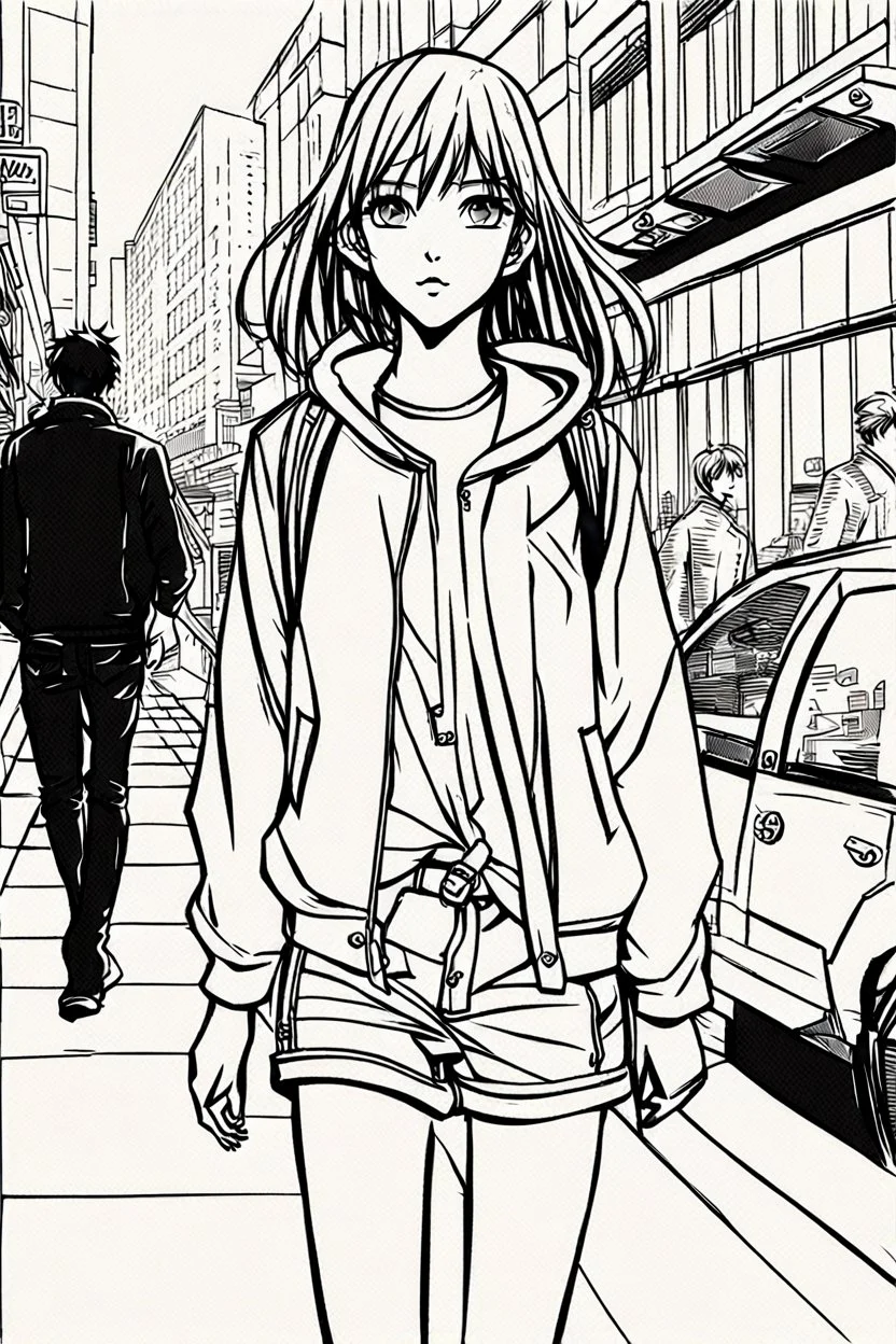 girl walk on the streets, manga style, line arts illustration