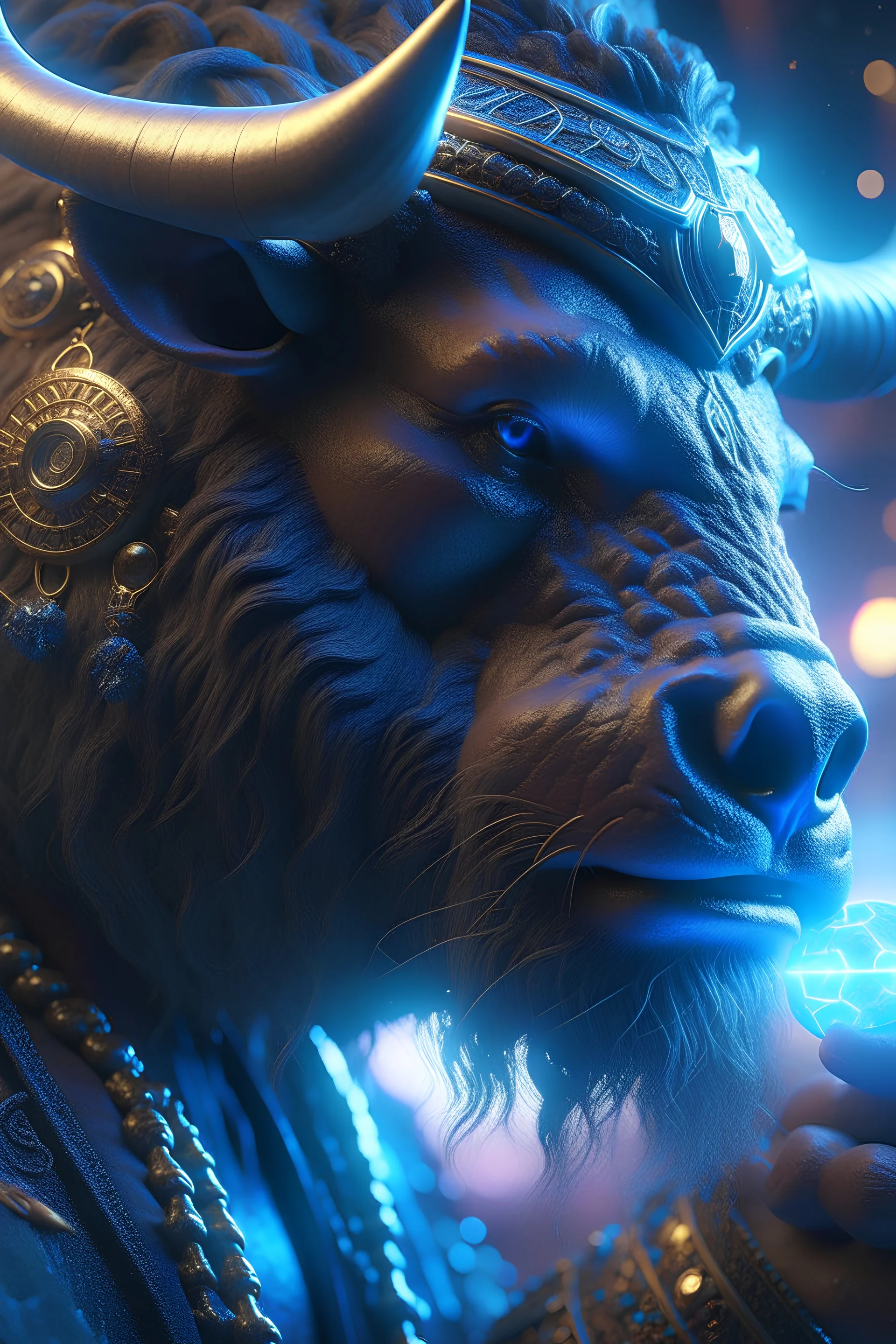 anthropomorphic bison sorcerer releasing a spell, relaxed, in the style of greg rutkowski cyberpunk, galaxy in eye, intricate, 8k, macro photography,