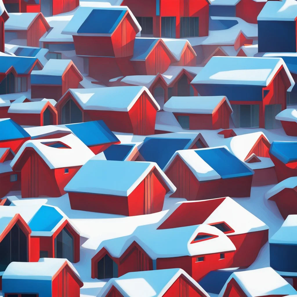 Aerial view Zaha Hadid style snow hut, digital art, hyper-detailed, red and blue colors, 8k oil painting