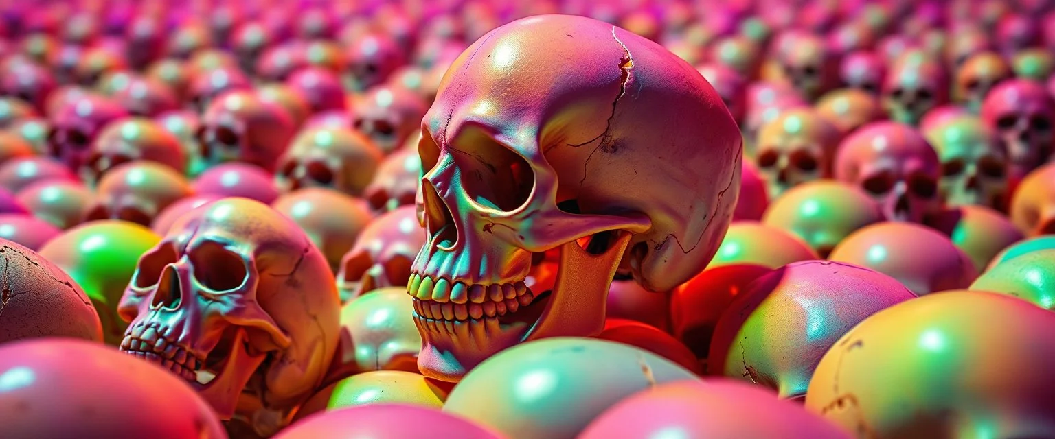 a field of 1000s of psychedelic psilocybin induced anatomically correct, skulls, vivid RANDOM BRIGHT neon colors, dark comedy, well lit, high detail, photorealistic, horrorcore, fun, scary, none featured, each a different color or hue, close to anatomically correct