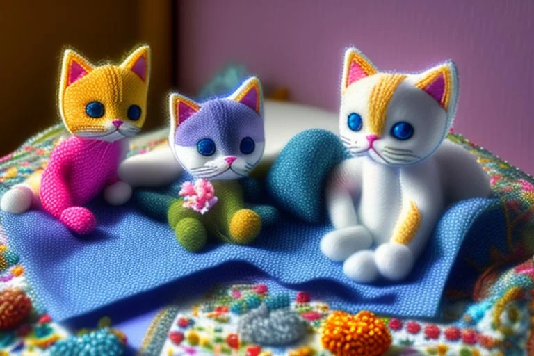 Hand sewn and embroidered extremely cute kittens, threads, sewing needles and a pair of scissors on a table on lace blanket in a luxury bedroom, centre, bold colours elegant fantasy 8k beautiful dynamic lighting award winning imperial colors hyperrealistic ultra detailed 4K 3D high definition crisp quality colourful hdr in sunshine