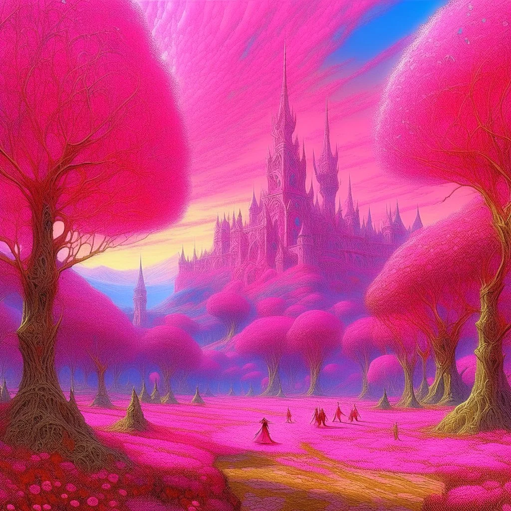 A pink kingdom with cybernetic fairies painted by Claude Monet