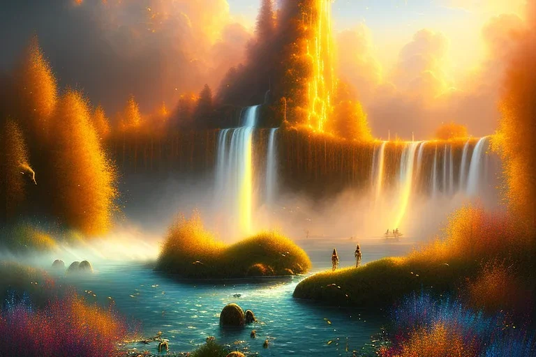 golden waterfall falling from clouds from heaven on meadow, hyper detailed, digital painting, elegant, centered, detailed, neon signs, 8k, shining, heaven, many happy people, dampf,