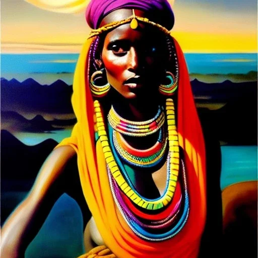 Drawing of 'woman from Wodaabe tribe',sweet stare,painting by Earl Norem, simon Bisley,frazetta,西嘛哒, evan lee, Vallejo,kelly,Paul Gauguin oil on canvas, cinematic composition, extreme detail,fit full head inside picture,8k