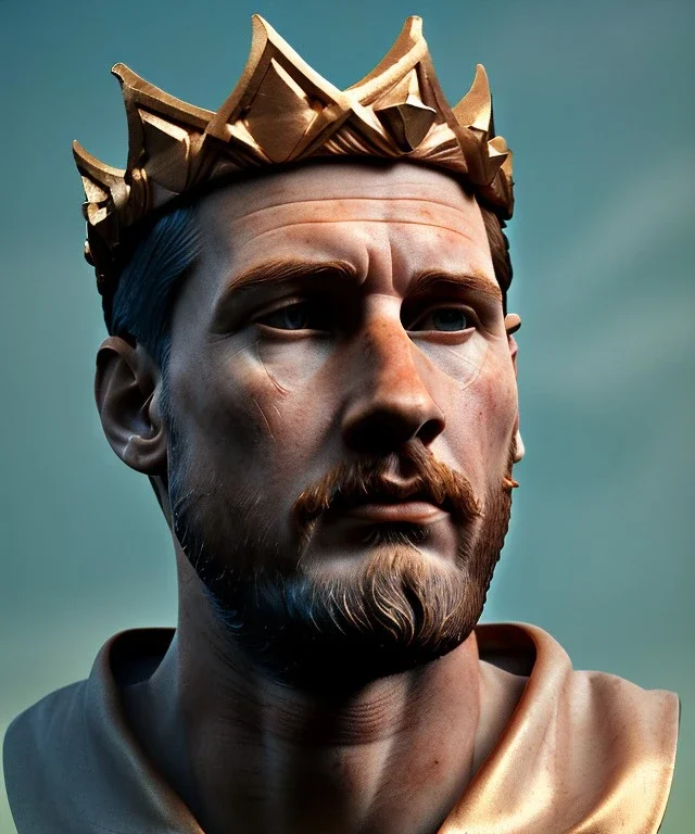 Gran angular, Realistic image, roman sculpture buste, marble deluxe material, Lionel Messi, gold Laurel crown model, miguel angel style, emperador, God light, god rays, 4k resolution, smooth details, ornate details, soft lighting, unreal engine 5, soft cyan background.