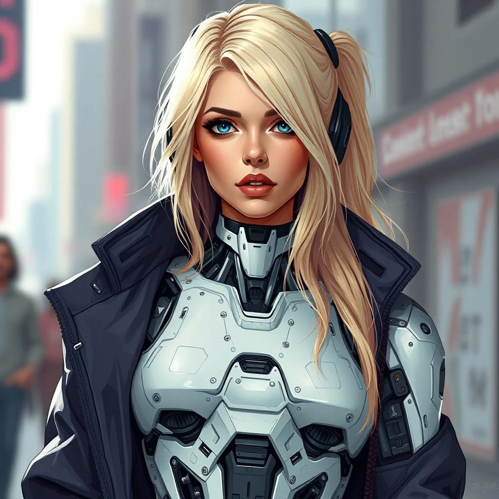 a pretty blonde woman with a robot torso wearing streetwear, cyberpunk, digital art, stylised