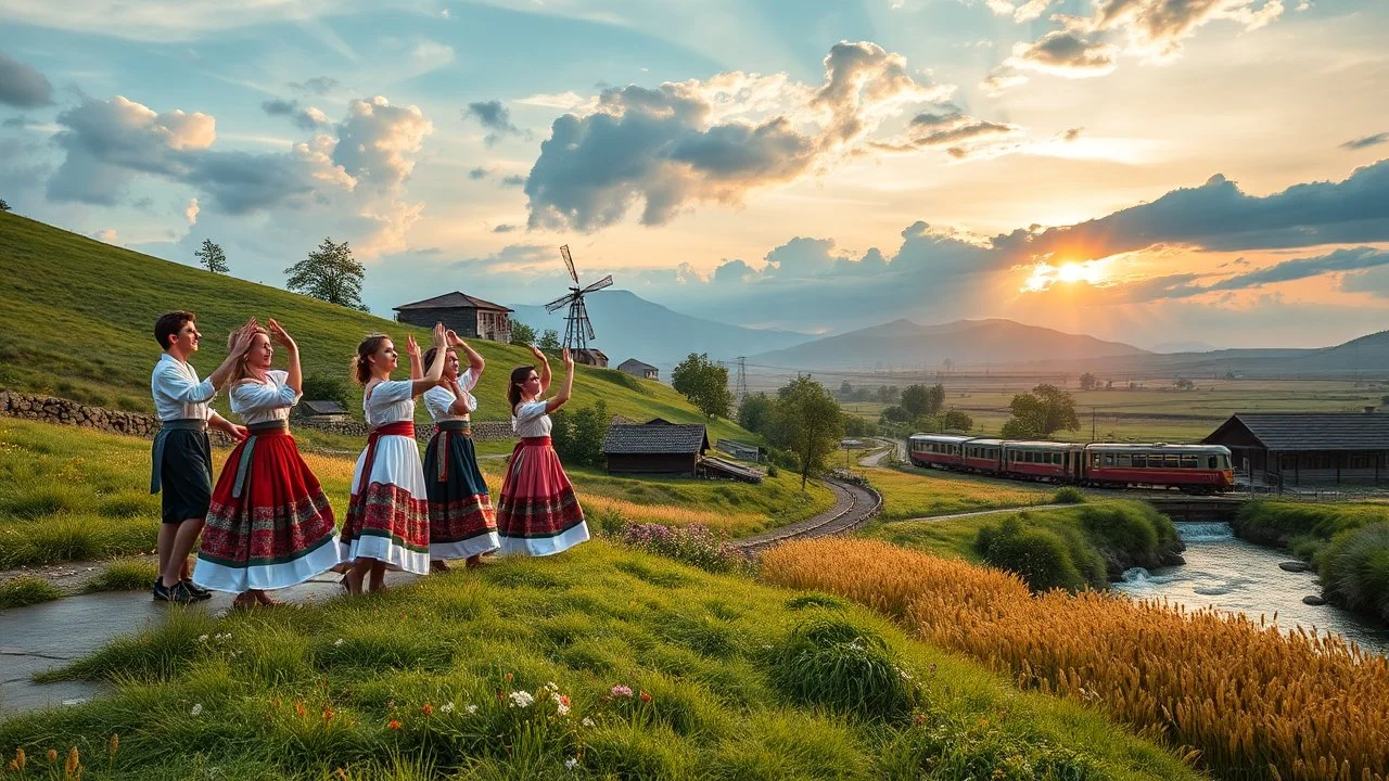 a group of young ladies and young men in Azerbeijan cotum are dancing to camera in village over high grassy hills,a small fall and river and wild flowers at river sides, trees houses ,next to Ripe wheat ready for harvest farm,windmill ,a pretty train is arriving to station,cloudy sun set sky