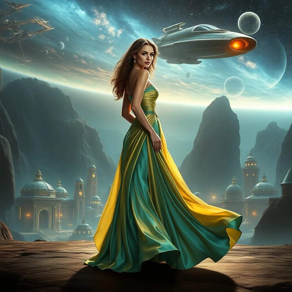 A breathtaking cosmic fantasy scene featuring a stunningly realistic beautiful woman with a perfect face and sculpted figure standing gracefully on an open stage of a floating CIFI town with Space craft landed over it. Surrounding her are CIFI buildings in deep space. She wears an elegant flowing gown in vibrant blue-gold hues that billow around her perfect form.