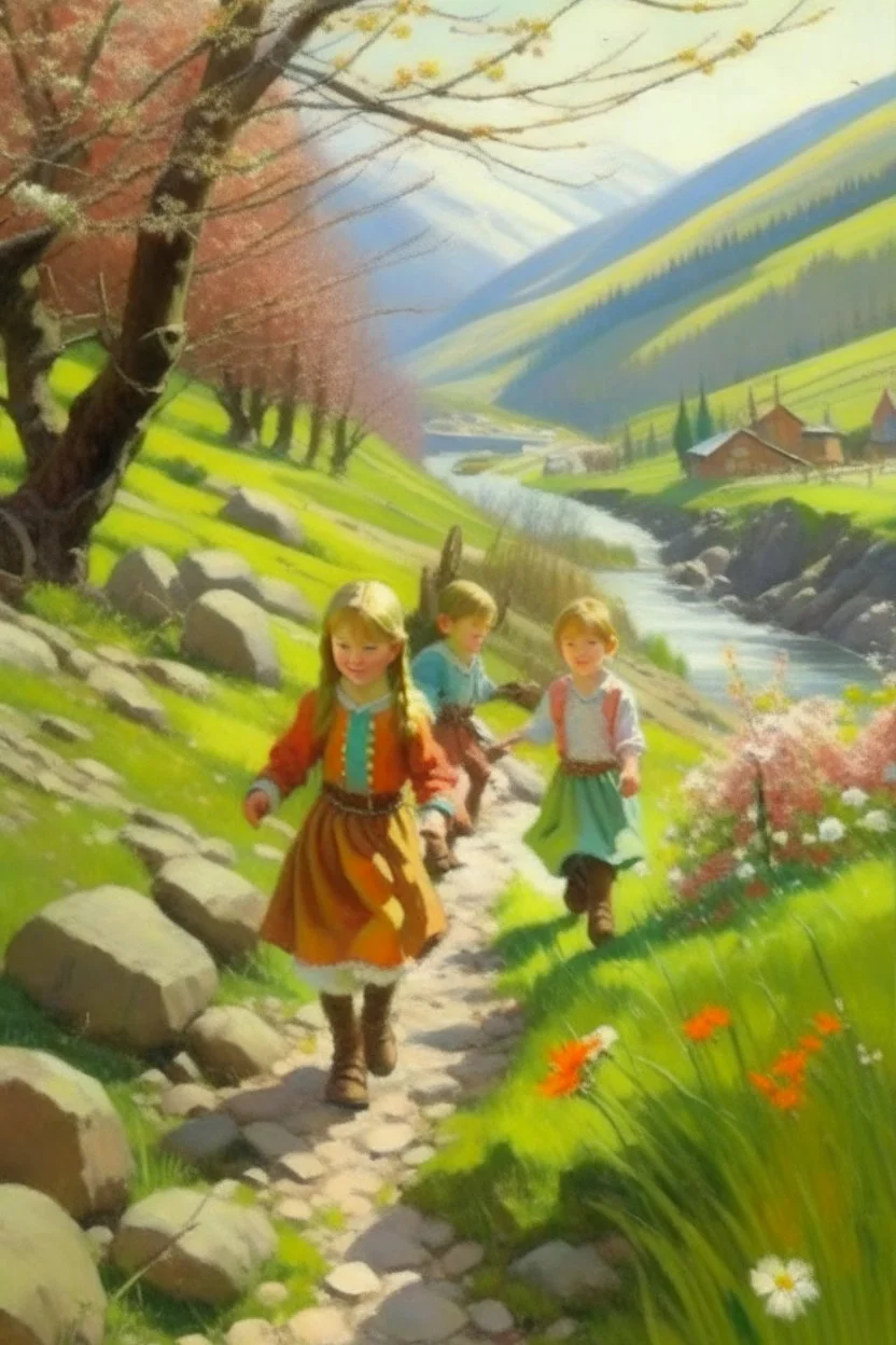 Spring in skåbu, sun, close up portrait of cute children walking in mountains by stream, horse caterpillar, prize winning oil painting,book cover illustration