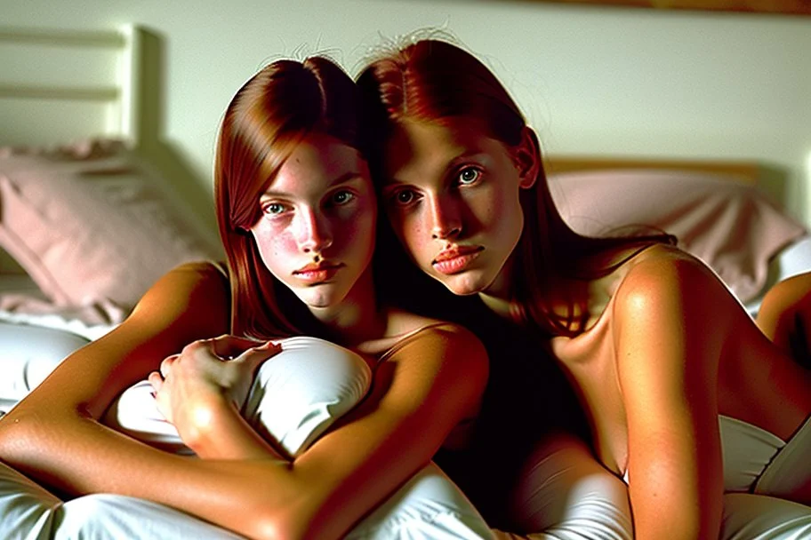 beautiful auburn hair teenage laracroft girls in bedroom with dad, hugging bare lips