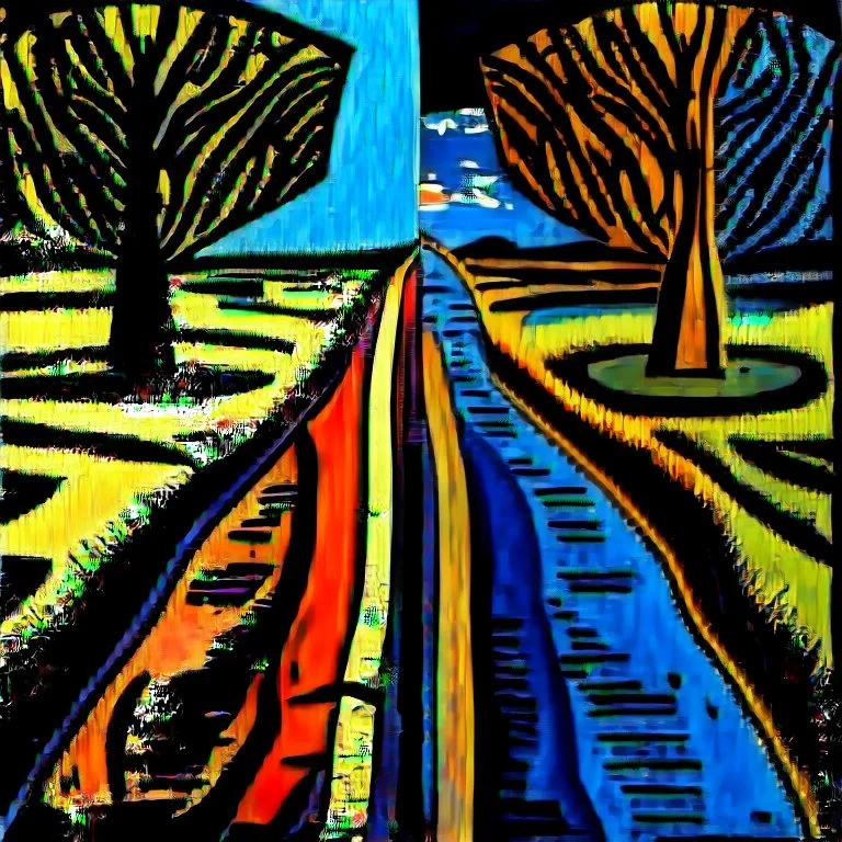 two roads diverged , art, acrilyc colors, bright,, picasso, masterpiece