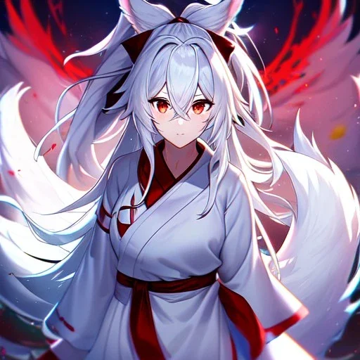 Clear focus, 8k, beautiful lighting, vibrant colors, fox girl, white hair, long hair, vibrant red eyes, ponytail, messy hair, hair in between the eyes, miko