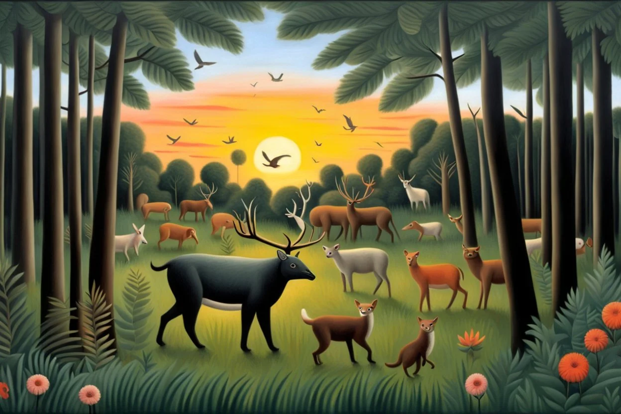 A forest glade with animals at sunset by artist "Henri Rousseau" with an axe