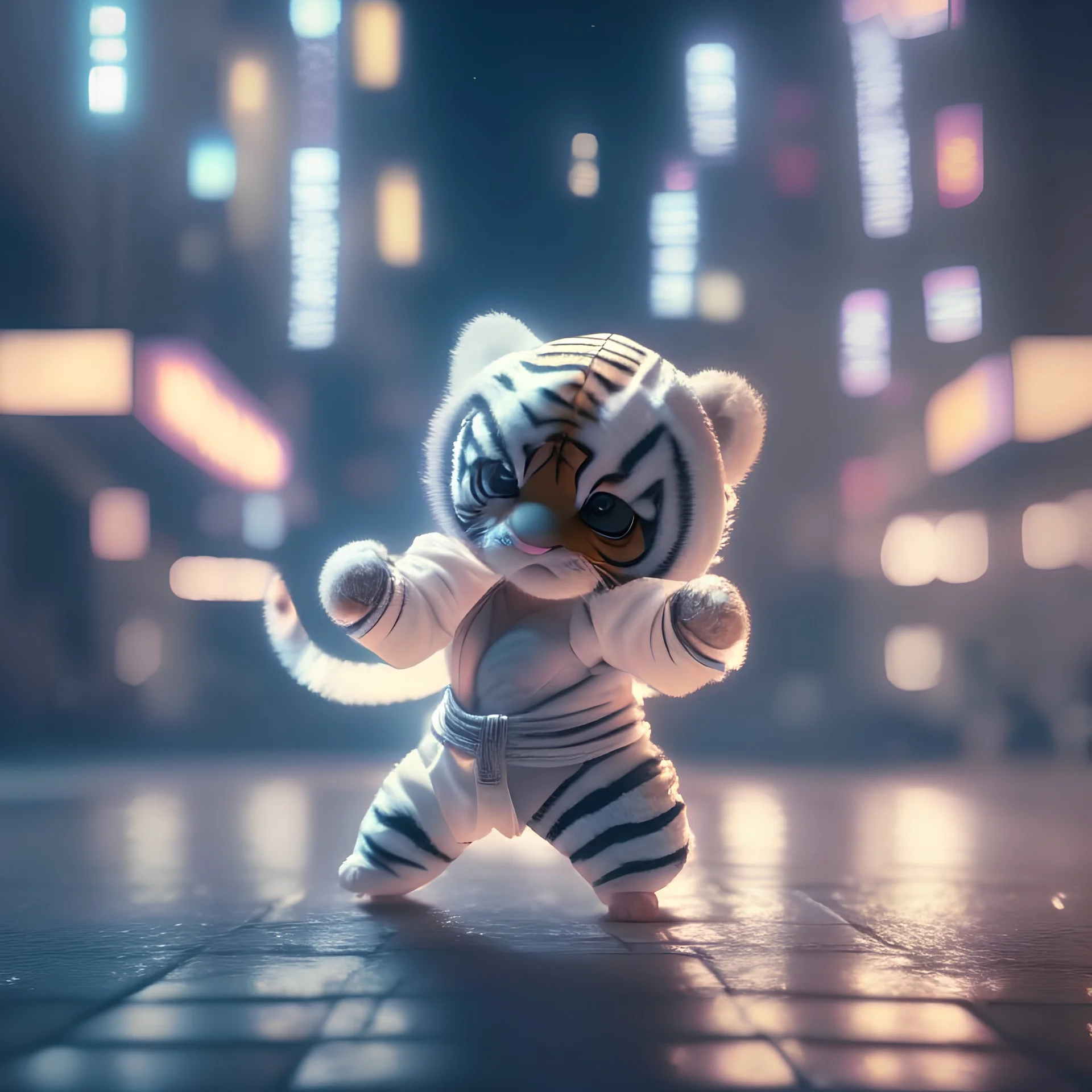 A cute Kawaii tiny hyper realistic baby tiger, wearing white karate clothes with dancing action, night of cyberpunk city background. wide angle full body, 8k, Cinematography, photorealistic,epic composition Unreal Engine,Cinematic, Color Grading, Portrait Photography,Ultra-Wide Angle, Depth of Field, hyper detailed