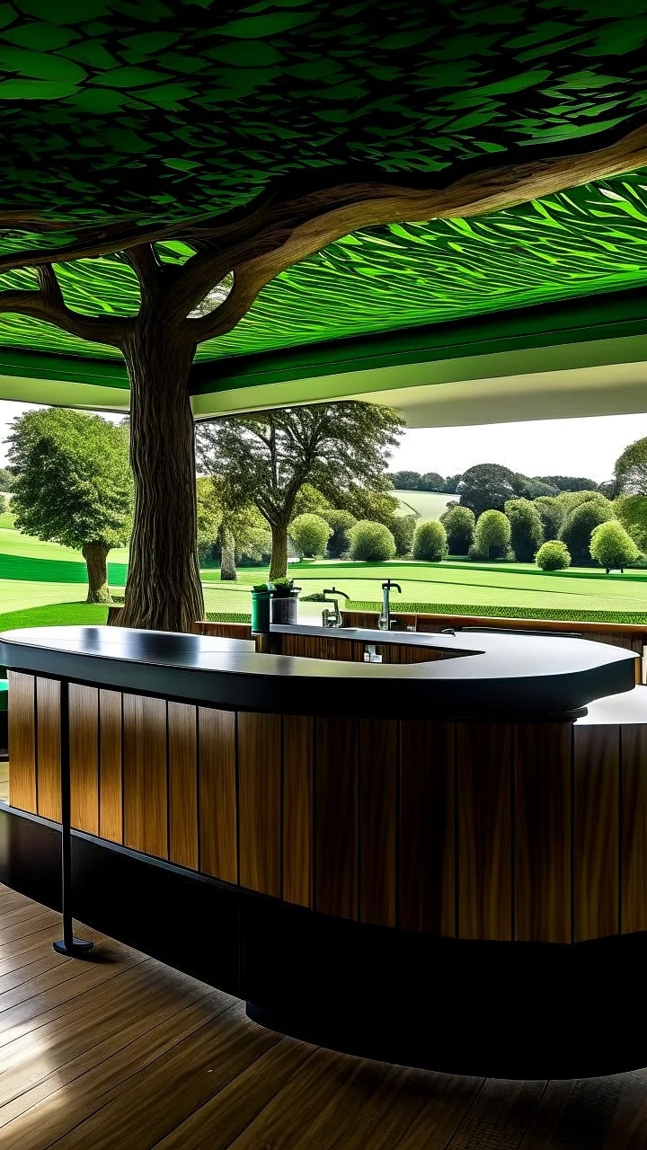 A modern and sleek coffee bar situated in the heart of Sycamore Gap, with a stunning view of the iconic sycamore tree and its vibrant green leaves.